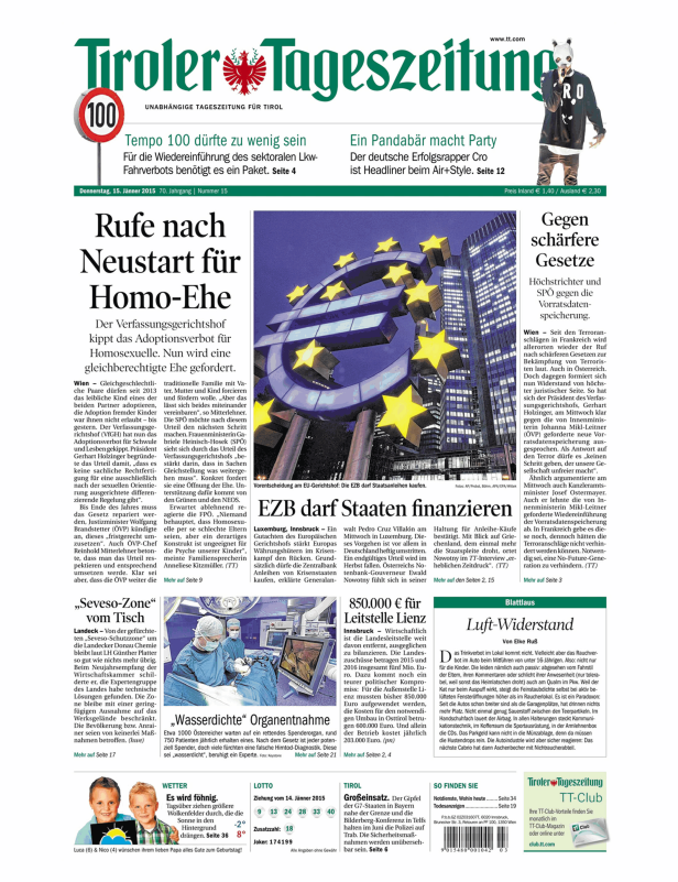 Titelseite der Tiroler Tageszeitung vom 15. Jänner 2015.