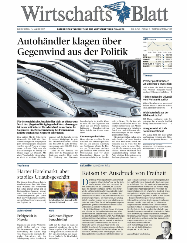Titelseite des Wirtschaftsblatt vom 15. Jänner 2015 mit Artikeln zu Wirtschaft und Finanzen.