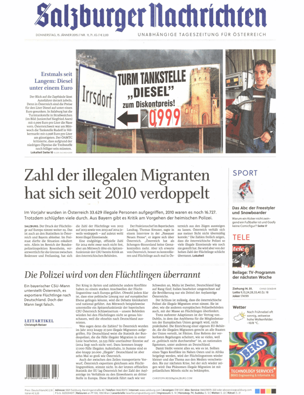 Titelseite der Salzburger Nachrichten vom 15. Jänner 2015 mit Artikeln über Dieselpreise und illegale Migration.