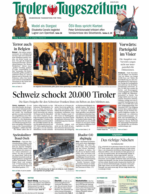Titelseite der Tiroler Tageszeitung vom 16. Jänner 2015.