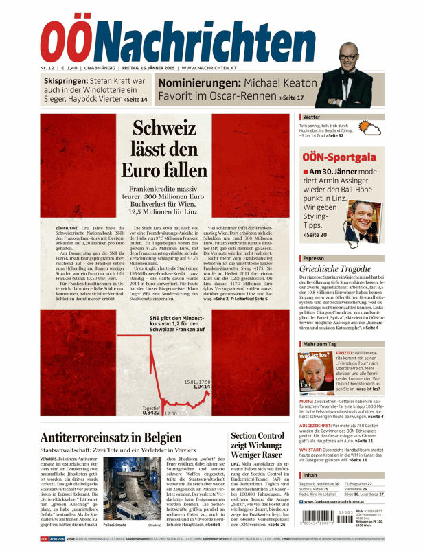 Titelseite der OÖ Nachrichten vom 16. Jänner 2015 mit Schlagzeilen zu Finanzen, Sport und Politik.