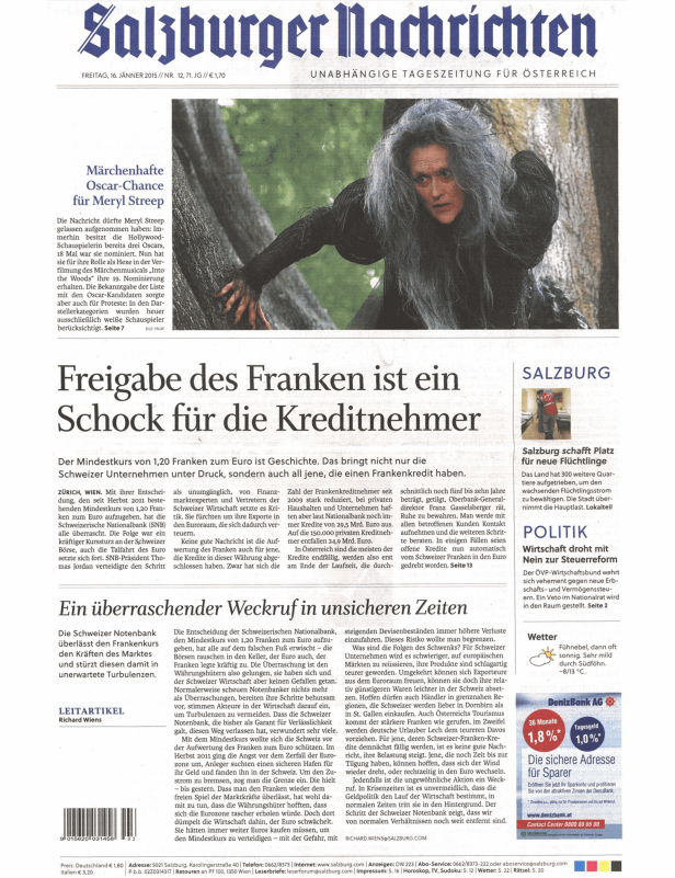 Meryl Streep als Hexe in der Verfilmung des Märchenmusicals „Into the Woods“ auf der Titelseite der Salzburger Nachrichten.