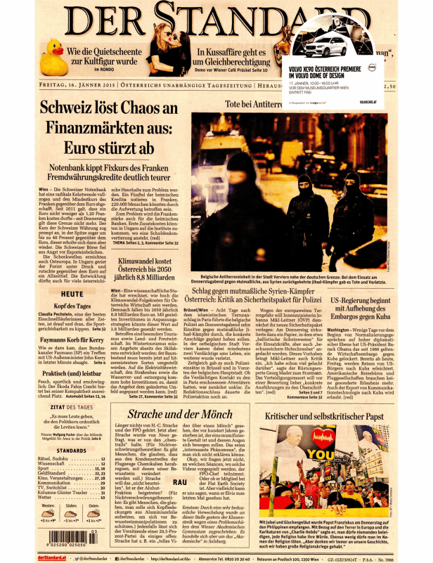 Titelseite der Zeitung „Der Standard“ vom 16. Jänner 2015.
