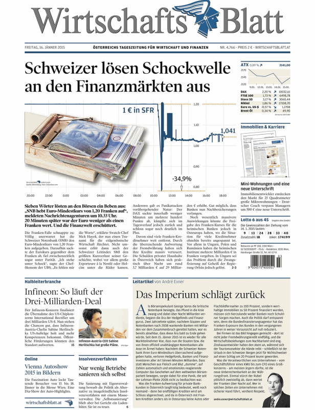 Titelseite des WirtschaftsBlatts vom 16. Jänner 2015 mit der Schlagzeile über den Schweizer Franken.