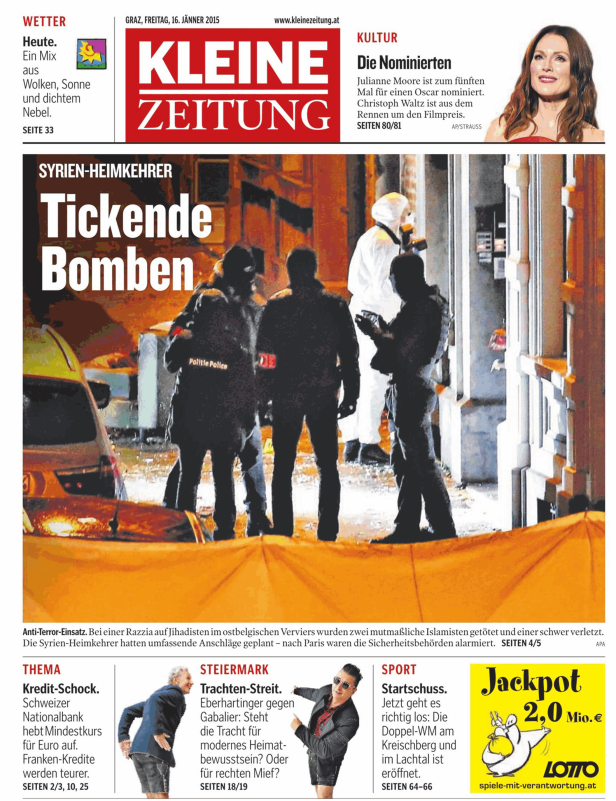 Titelseite der Kleinen Zeitung vom 16. Jänner 2015 mit einem Artikel über Syrien-Heimkehrer und Anti-Terror-Einsätze.