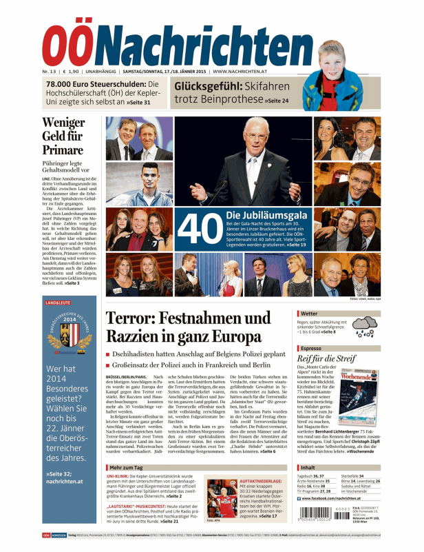 Titelseite der OÖNachrichten vom 17./18. Jänner 2015 mit verschiedenen Nachrichten und Bildern.