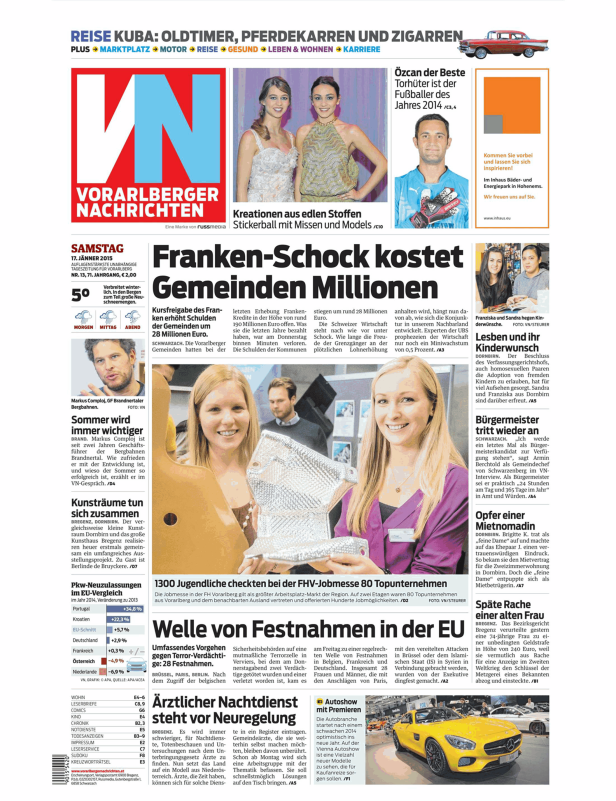 Titelseite der Vorarlberger Nachrichten vom 17. Januar 2015.