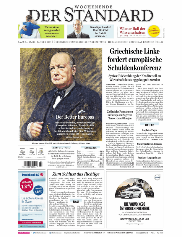 Titelseite der Zeitung „Der Standard“ mit einem Porträt von Winston Churchill.