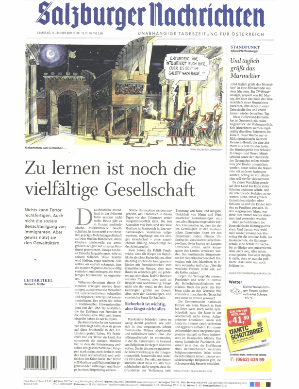 Karikatur in der „Salzburger Nachrichten“ zum Thema Integration und kulturelle Vielfalt.