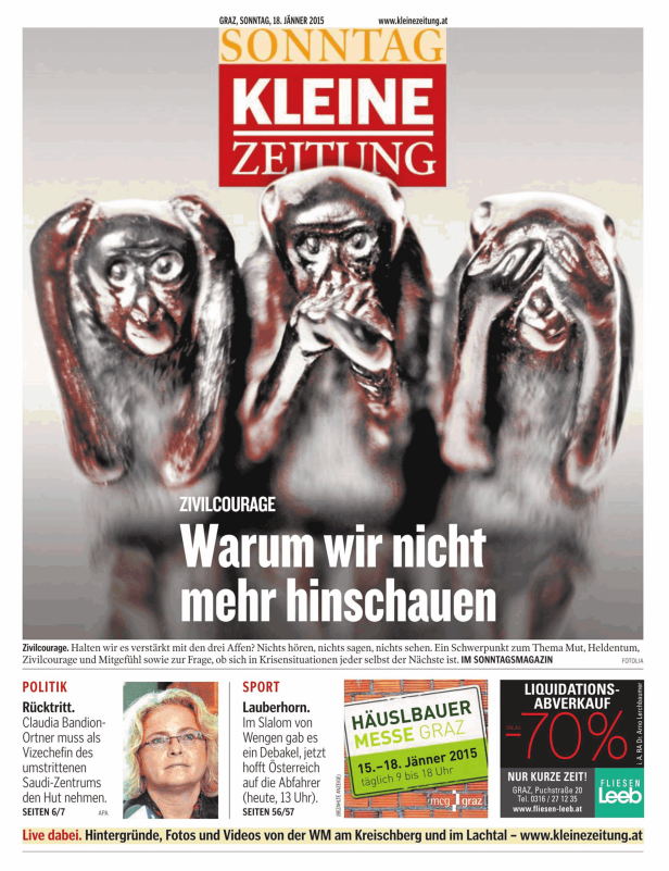Drei Affen, die nichts hören, nichts sehen und nichts sagen, auf einer Titelseite der Kleinen Zeitung.