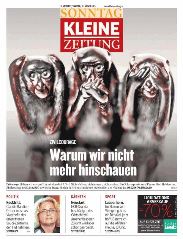 Drei Affenfiguren, die „nichts hören, nichts sehen, nichts sagen“ darstellen.