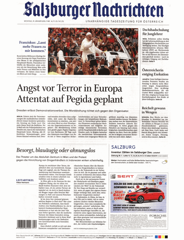Titelseite der Salzburger Nachrichten vom 19. Januar 2015.