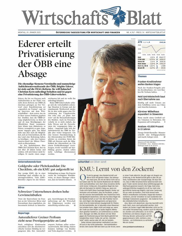 Titelseite des Wirtschaftsblatt vom 19. Jänner 2015 mit Brigitte Ederer und Artikeln zu Wirtschaftsthemen.
