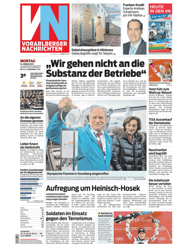 Titelseite der Vorarlberger Nachrichten vom 19. Januar 2015.