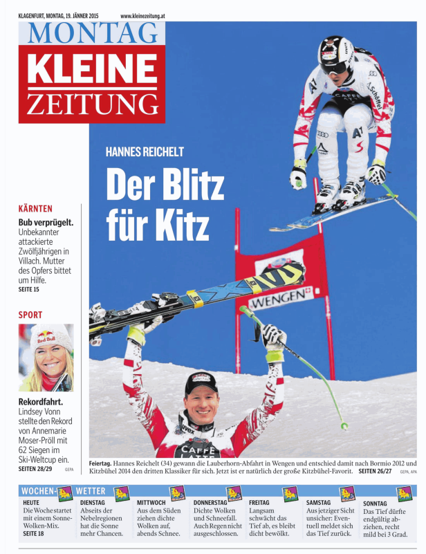 Titelseite der Kleinen Zeitung vom 19. Jänner 2015 mit einem Foto von Hannes Reichelt beim Skifahren.