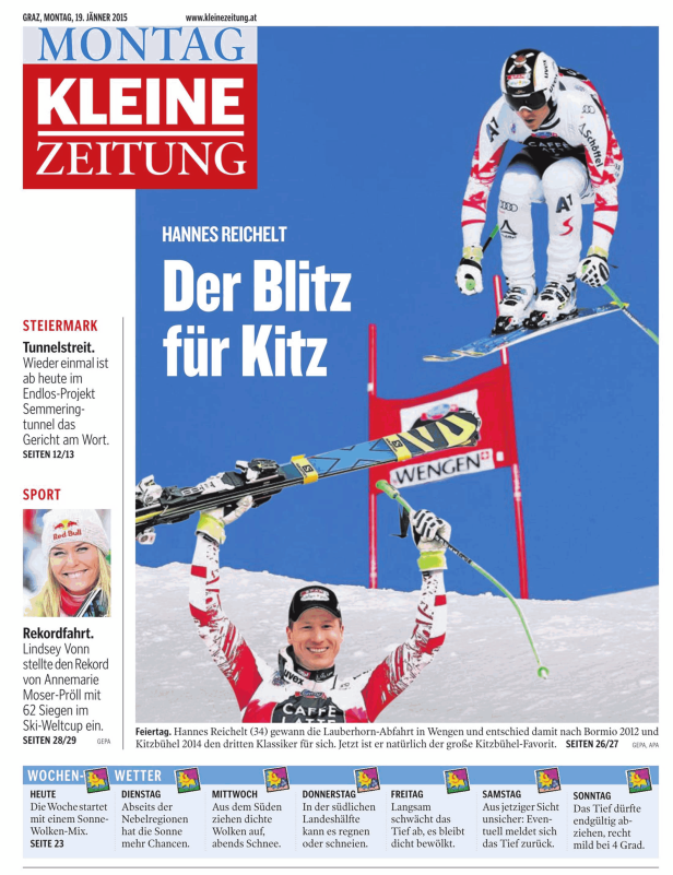 Hannes Reichelt feiert seinen Sieg beim Lauberhornrennen in Wengen.