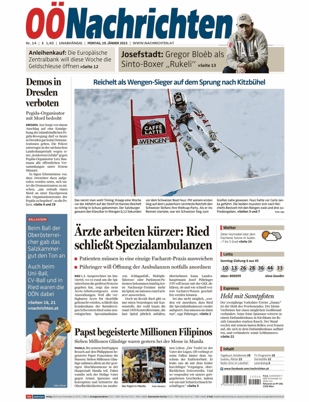Titelseite der OÖ Nachrichten vom 19. Jänner 2015 mit verschiedenen Artikeln.