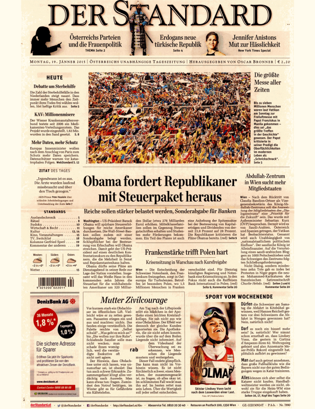 Titelseite der Zeitung „Der Standard“ vom 19. Jänner 2015.