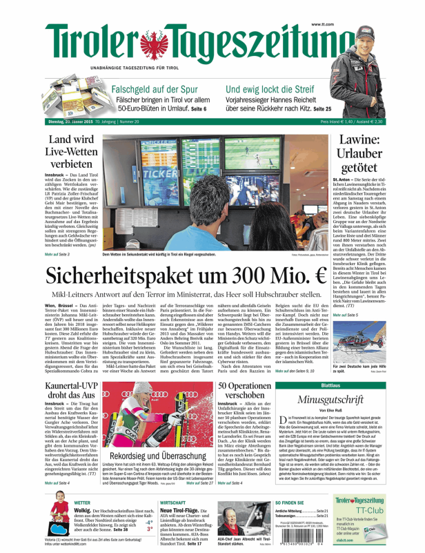 Titelseite der Tiroler Tageszeitung vom 20. Jänner 2015.
