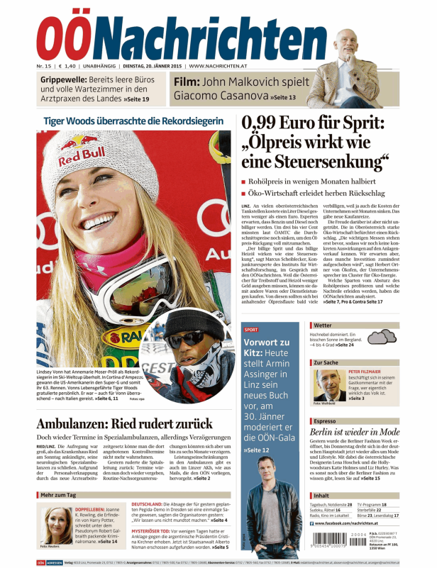 Lindsey Vonn mit Red Bull Mütze auf einem Zeitungsartikel.