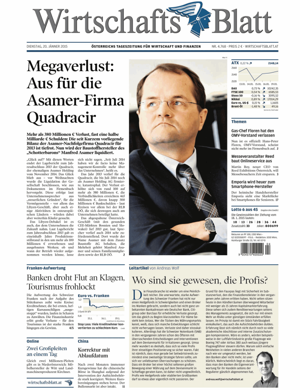 Titelseite des Wirtschaftsblatt vom 20. Jänner 2015.