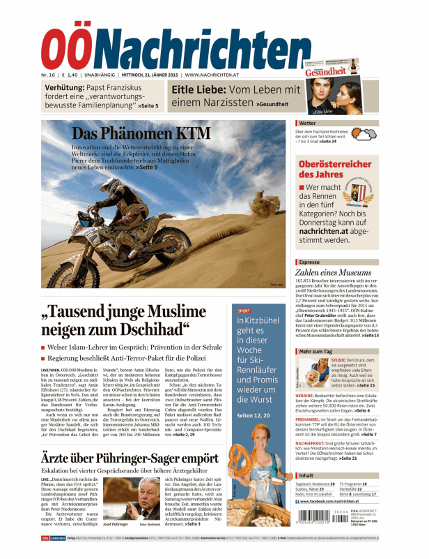 Titelseite der OÖNachrichten vom 21. Jänner 2015 mit dem Titelthema „Das Phänomen KTM“.