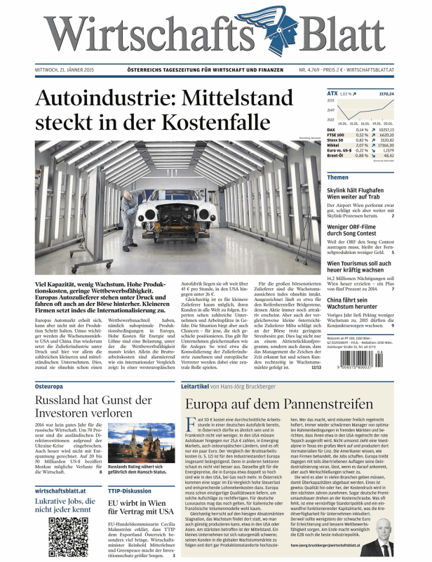 Titelseite des Wirtschaftsblatt vom 21. Jänner 2015 mit dem Titel „Autoindustrie: Mittelstand steckt in der Kostenfalle“.