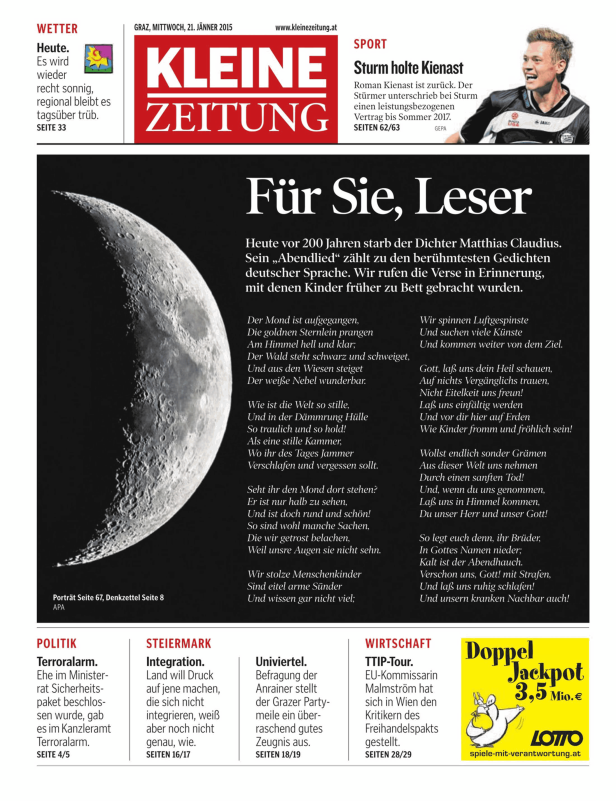 Titelseite der Kleinen Zeitung vom 21. Jänner 2015 mit einem Gedicht und einer Aufnahme des Mondes.