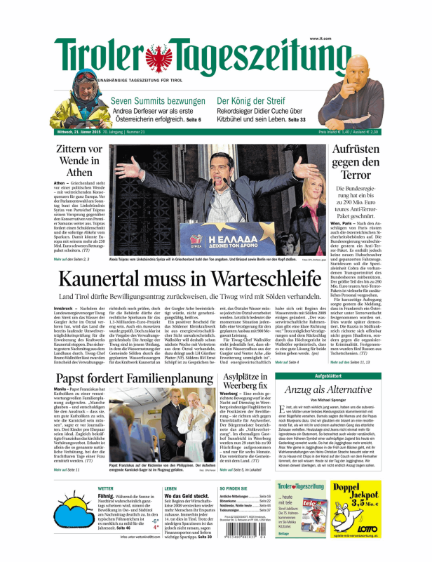 Titelseite der Tiroler Tageszeitung vom 21. Jänner 2015.