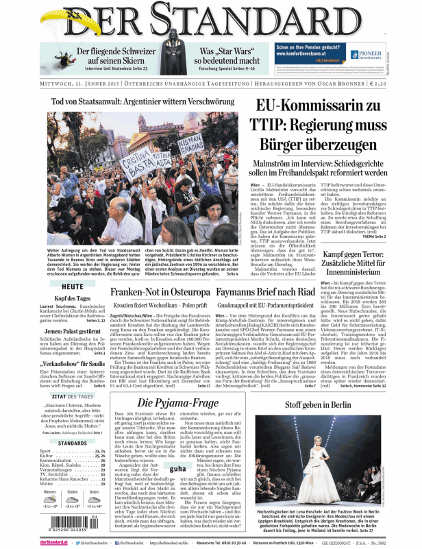 Titelseite der Zeitung „Der Standard“ vom 21. Jänner 2015.