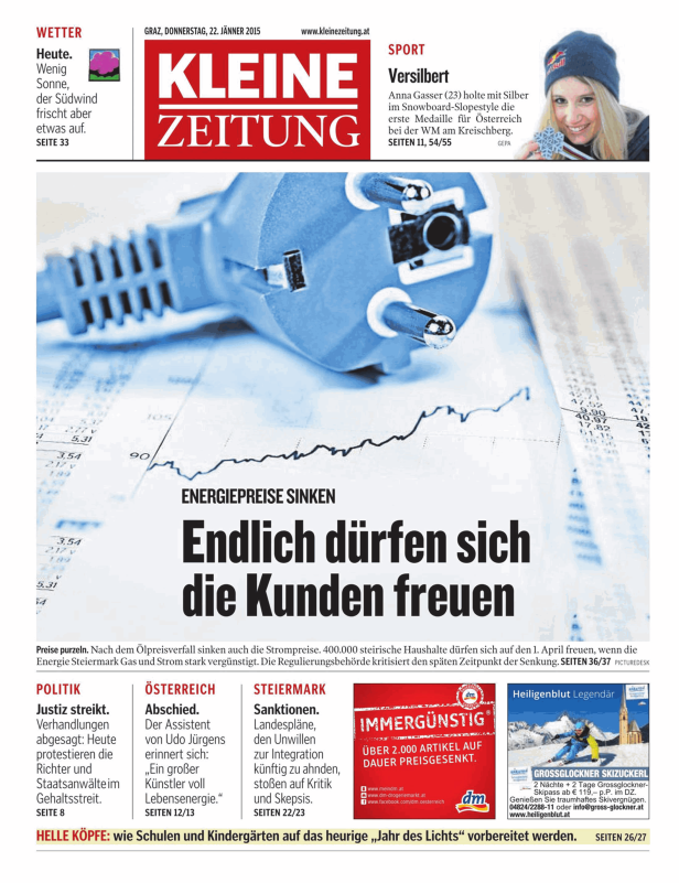 Titelseite der Kleinen Zeitung vom 22. Jänner 2015 mit Artikeln zu Sport, Politik und Energiepreisen.