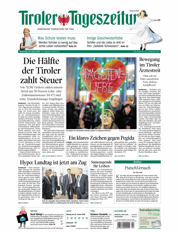 Titelseite der Tiroler Tageszeitung vom 22. Jänner 2015.