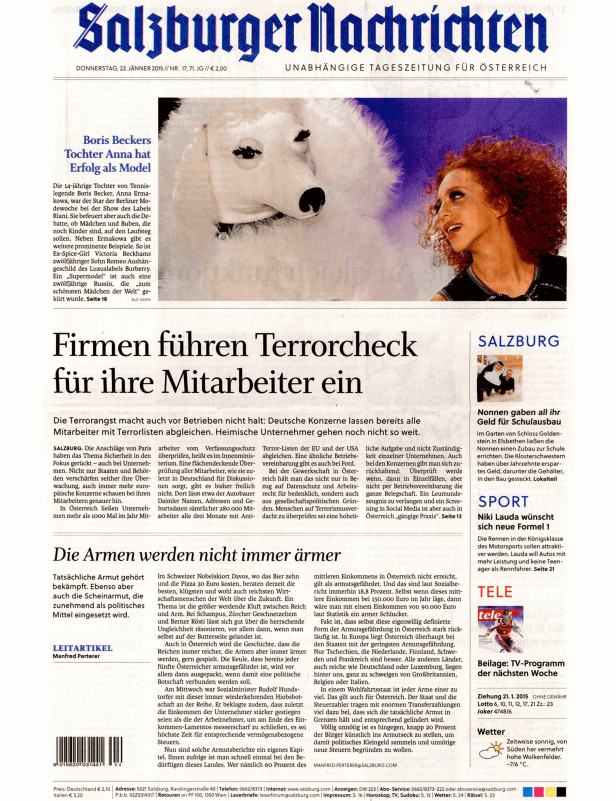 Titelseite der Salzburger Nachrichten vom 22. Jänner 2015.