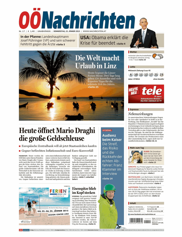 Titelseite der OÖNachrichten vom 22. Jänner 2015 mit verschiedenen Artikeln und Bildern.