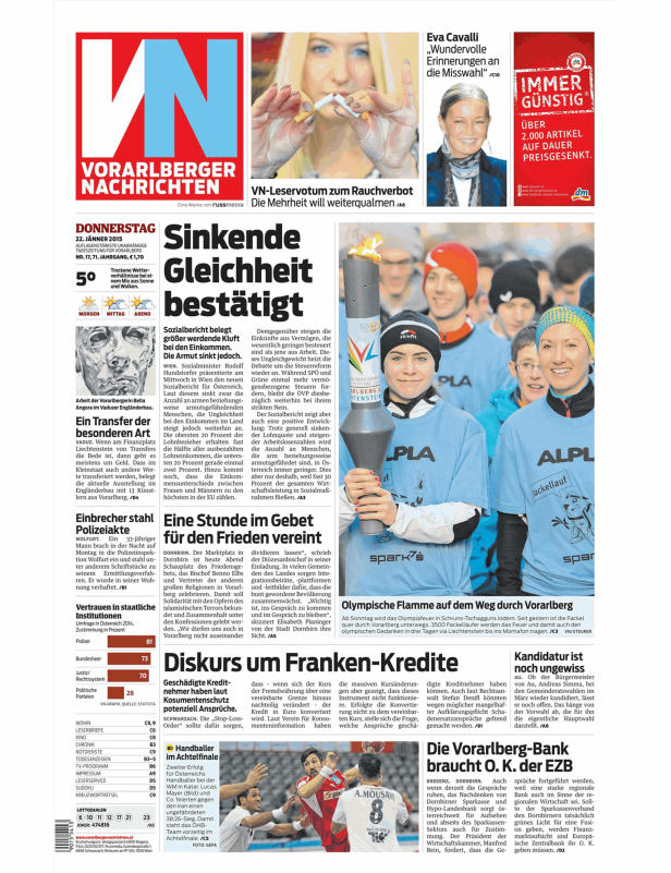 Titelseite der Vorarlberger Nachrichten vom 22. Januar 2015.