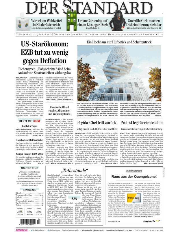 Titelseite der Zeitung „Der Standard“ vom 22. Jänner 2015.