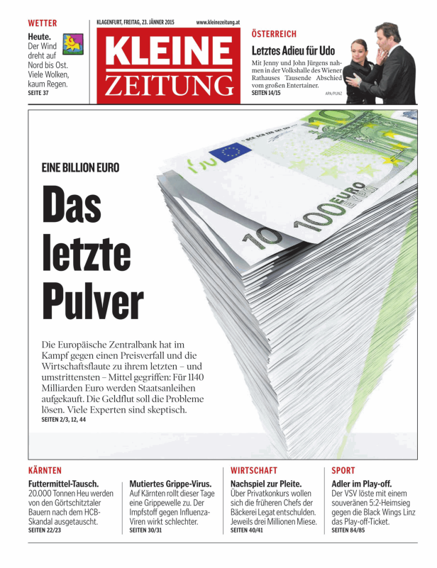 Titelseite der Kleinen Zeitung mit einem Artikel über die Europäische Zentralbank und Euro-Banknoten.