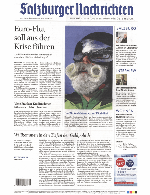 Titelseite der Salzburger Nachrichten vom 23. Januar 2015.
