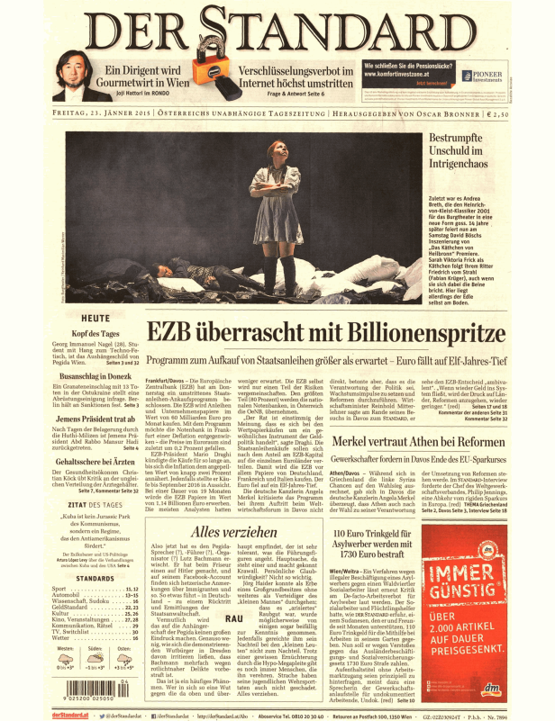 Titelseite der Zeitung „Der Standard“ vom 23. Jänner 2015.