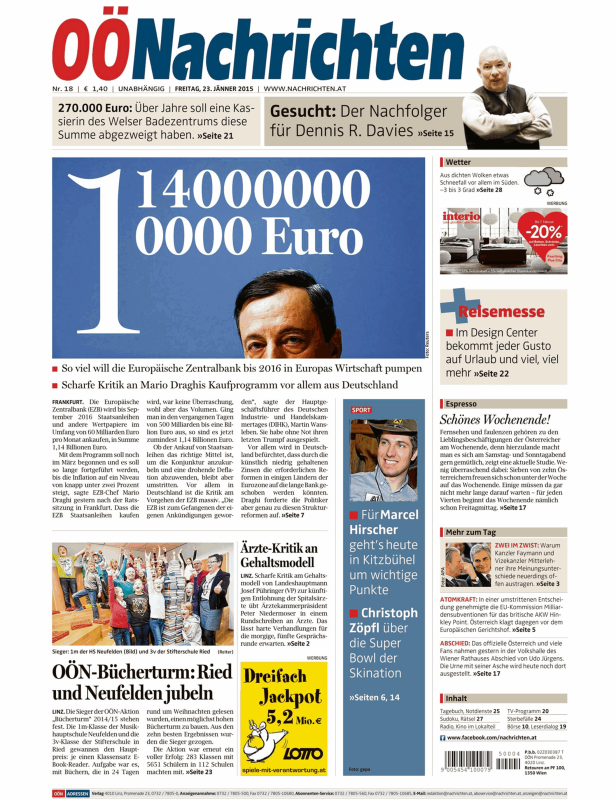 Titelseite der OÖNachrichten vom 23. Jänner 2015 mit Artikeln zu Wirtschaft, Sport und Lokalnachrichten.