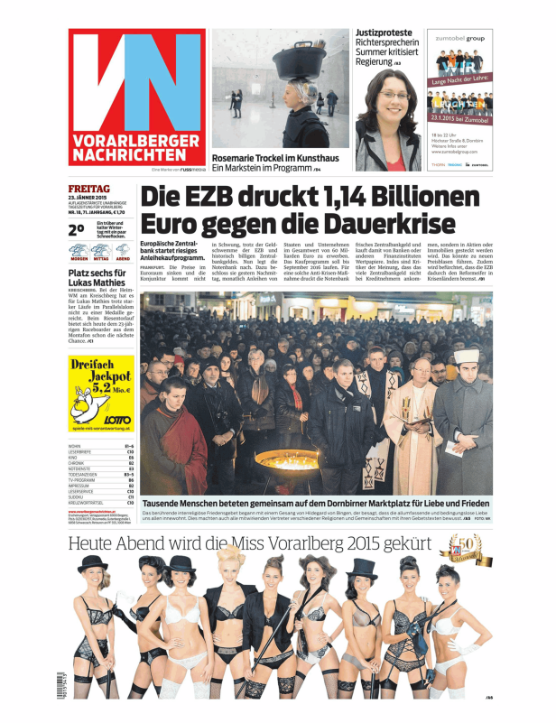 Eine Titelseite der Vorarlberger Nachrichten mit Artikeln über Wirtschaft, Kunst und die Wahl zur Miss Vorarlberg 2015.