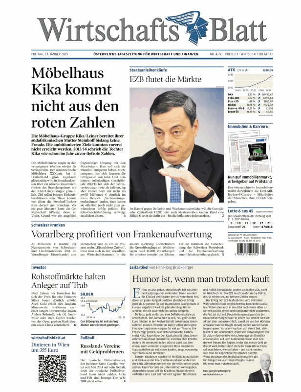 Titelseite des Wirtschaftsblatt vom 23. Jänner 2015 mit Mario Draghi und Artikeln zu Wirtschaftsthemen.