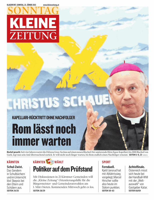 Titelseite der „Kleinen Zeitung“ vom 25. Jänner 2015 mit einem Bild von Bischof Egon Kapellari.