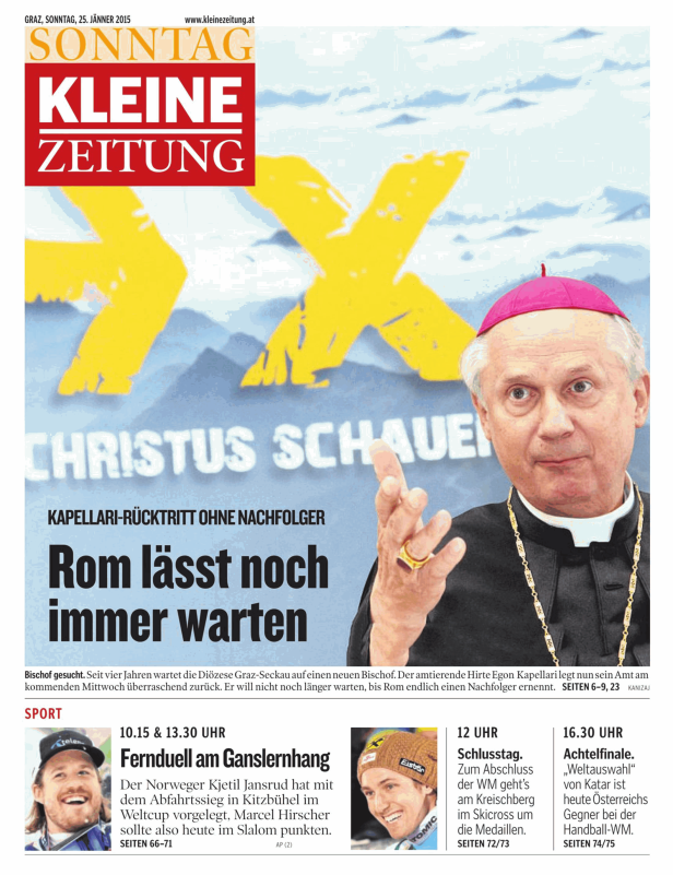 Titelseite der Kleinen Zeitung vom 25. Jänner 2015 mit einem Bild von Bischof Kapellari.