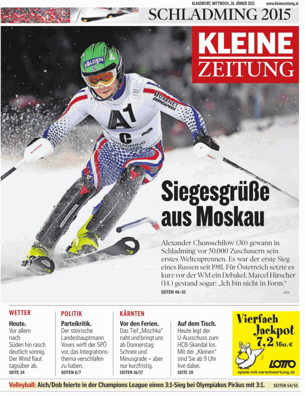 Ein Skirennläufer in Aktion, zu sehen auf der Titelseite der Kleinen Zeitung.