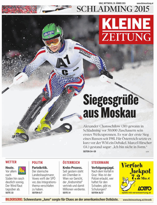 Der russische Skirennläufer Alexander Choroschilow beim Slalom in Schladming 2015.