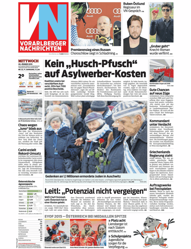 Titelseite der Vorarlberger Nachrichten vom 28. Januar 2015.
