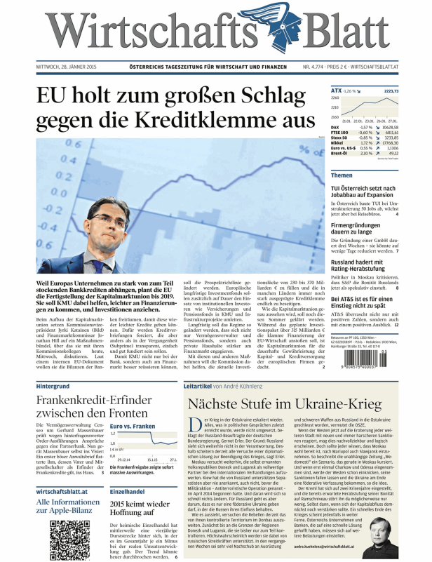 Titelseite des Wirtschaftsblatt vom 28. Jänner 2015 mit Artikeln zu Wirtschaft und Finanzen.