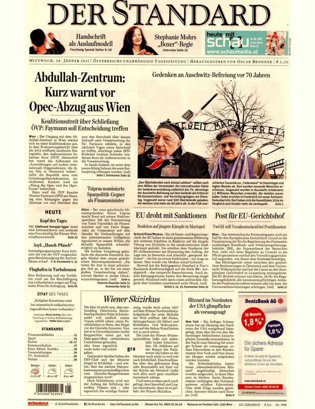 Titelseite der Zeitung „Der Standard“ vom 28. Jänner 2015.