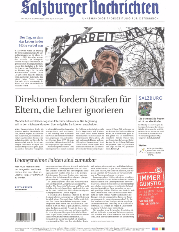 Titelseite der „Salzburger Nachrichten“ vom 28. Jänner 2015 mit einem Artikel über die Befreiung von Auschwitz.
